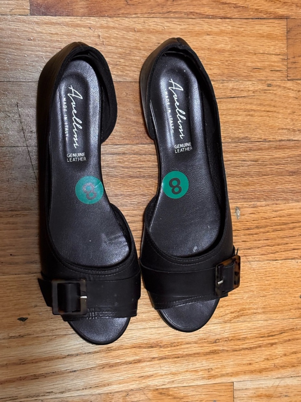 Annelini Black Leather Peep-Toe Heels with Buckle